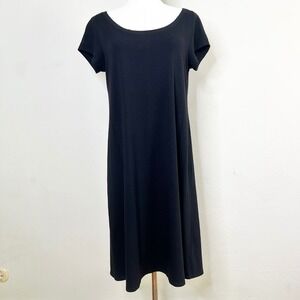 Eileen Fisher Black Organic Cotton Short Sleeve Scoop Neck Midi Dress Size Small